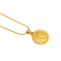 Golden round zodiac necklace with embossed lion and sunburst on a snake chain - Gold Leo