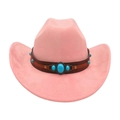 Pink western cowboy hat with suede finish and turquoise beads on leather band - One Size / Lotus root pink