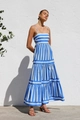Detailed view of striped maxi dress with thin straps and a wide flowing hem design - S / Dark Blue