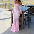 Elegant pink lace off-shoulder mermaid maxi dress with flared sleeves for women - S / Pink