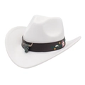 Detail of white felt cowboy hat with leather belt, bull skull metal ornament and embroidery - M (56-58cm) / White Cowboy (Flower Bull Head)