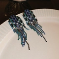 Vintage style long tassel earrings with blue and emerald green rhinestone crystals - 32# Silver Needle - Gold - Rectangular.