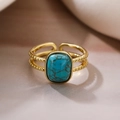 18K gold plated adjustable open ring with turquoise stone on champagne silk base - 13591-Rectangular Turquoise