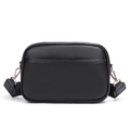 Classic black pebble leather camera bag with gold hardware and wide fabric shoulder strap - Black