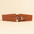 Brown faux leather wide waist belt with decorative silver double rings and buckles - 19680 Camel