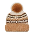 Close-up of fair isle knit beanie featuring a large brown pom-pom and geometric patterns - M (56-58cm) / Yellow