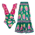 Fuchsia and green floral V-neck swimsuit set with matching ruffle print maxi skirt - S / Top And Bottom / Ruffle Monokini + Long Skirt
