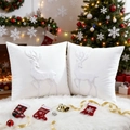 White Christmas pillow covers featuring elegant embroidered reindeer patterns on plush fabric - White Applique Embroidery Rabbit Fur Reindeer/White