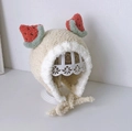 Plush cream baby earflap hat with dual red and green watermelon poms and knit ties - Cap circumference 40-48cm, suitable for 3-18 months / Fruit Beige