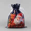 Blue Christmas drawstring gift bag with Santa Claus, reindeer patterns and white ribbon - Blue Santa / 24x32cm