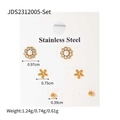 Three-piece gold stainless steel earring set with pearl flower, star, and round bead studs - Sun Flower Star Bead Stud Set (JDS2312005-Set)