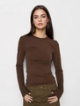Slim fit long sleeve modal athletic T-shirt in dark brown color for women - XS / Crew Neck / Dark Brown