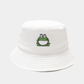 White cotton bucket hat with cute green cartoon frog embroidery in a minimalist style - White / M (56-58cm)