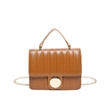 Quilted brown leather bag with golden round buckle and elegant metal chain strap - Brown