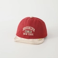 Detail of embroidered vintage Brooklyn lettering on red and beige soft brim toddler cap - 50cm (1-3 Years) / BROOKLYN - Red