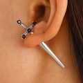 Gothic silver sword earrings with black crystal inlay on a minimalist punk dagger design - Antique Silver/Black Stone