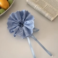 Light blue lace scrunchie with ribbons and scalloped edges for elegant hairstyling - Adjustable Lace Ribbon Style / Dark Blue