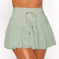 Sage green layered lace mini skirt with ruffle trim and drawstring waist design - M / Light Green