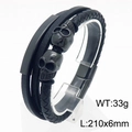 Black multilayer leather bracelet for men featuring a skull metal charm and magnetic clasp - Black (KB180009-YY)