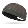 Retro two-tone docker hat in dark coffee canvas and olive green suede finish - Coffee Patchwork