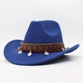 Detail of dark blue children wool fedora with bohemian coin pendants and woven band - Royal Blue (Silver Coins)