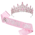 Pink Birthday Queen set with crystal rhinestone crown and satin Birthday Girl sash - BIRTHDAY GIRL Satin Sash Set