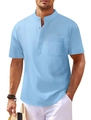 Detail of light blue waffle texture fabric on men's short sleeve Henley collar shirt - S / Tops / Light Blue