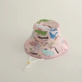 Detail of pink cotton sun hat with colorful dinosaur prints and white adjustable chin strap - 50-54cm (Adjustable 3-10 Years) / Pink Dinosaur