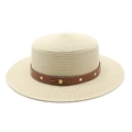 Classic beige straw sun hat with flat top and brown leather band featuring gold rivets - M (56-58cm) / Beige