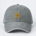 Grey washed denim baseball cap with sun face embroidery for outdoor sun protection - Gray