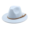 Top view of light blue wool fedora hat with brown braided leather band and tassels - M (56-58cm) / Sky Blue