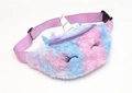 Close-up of fluffy unicorn waist bag showing colorful plush fabric and embroidered details - Violet