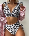 Two-piece black and white leopard print bikini with shoulder bows and high-cut tie bottoms - S / White and Black Leopard