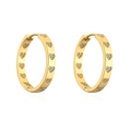 Detailed view of 18K gold plated hoop earrings with zircon heart pavé settings - White/Clear