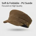 Brown PU suede newsboy cap featuring vintage metal buttons and a foldable design - One Size / Suede Flat Top Hat-Khaki