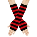 Detail of red and black striped knitted fingerless arm warmers on model hands - One Size / Red Black Striped