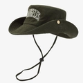 Détail du logo Los Angeles brodé et du cordon de serrage sur le chapeau bob en coton vert foncé - Vert Militaire