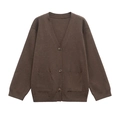 Women's V-neck long sleeve knit cardigan with amber buttons and front pockets in dark brown - S / Dark Brown