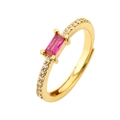 Detail of adjustable gold ring featuring a rectangular pink gem and white zircon accents - Gold Plated Rose Red Zirconia