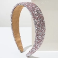 Wide pink and silver rhinestone headband with pearls and non-slip camel suede lining - Pink
