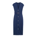 Vestido midi sin mangas azul marino con cuello en V, botones dorados y cinturón a juego - S / Azul