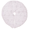 Macro detail of white faux fur mini Christmas tree skirt with silver glitter star pattern - Silver Foil Stars