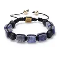 Blue rectangular natural stone bracelet with black lava beads and golden lotus charm - Blue Agate / Blue