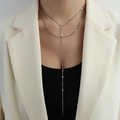 Silver double layer Y-shaped titanium steel necklace with elegant long metal fringe - Long + Short Set / Steel