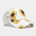 Detail of sunflower printed trucker hat with white breathable mesh back for outdoor sun protection - White Sunflower Pattern (2#色)