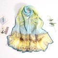 Sciarpa in seta georgette leggera da donna con stampa floreale blu e gialla estiva - 160*50CM / Fiori di Ciliegio Romantici - Blu