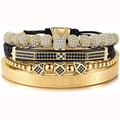Detail of four-piece men's bracelet set with gold crown and Roman numeral bangle - Gold Set 4pcs (Crown + Cube + Pagoda Tube + Roman Bangle)