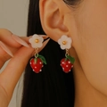 Sweet strawberry earrings with white flower studs and red fruit charms for women - KC Gold Strawberry