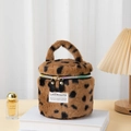 Leopard print plush makeup bag with top handle and cylindrical travel storage design - Coffee