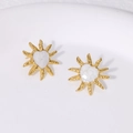Elegant 18K gold plated sunflower earrings with white heart center on ceramic surface - Pearl White